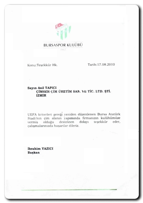 Bursaspor Teşekkür Yazısı