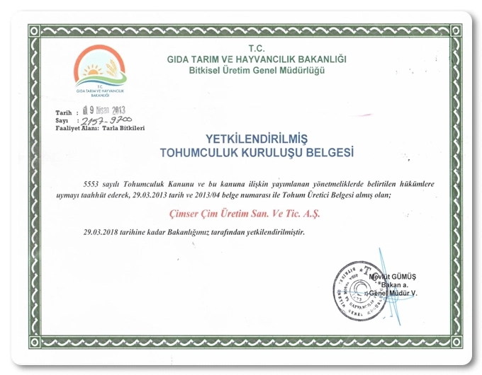 Yetkilendirilmiş Tohumculuk Kuruluş Belgesi